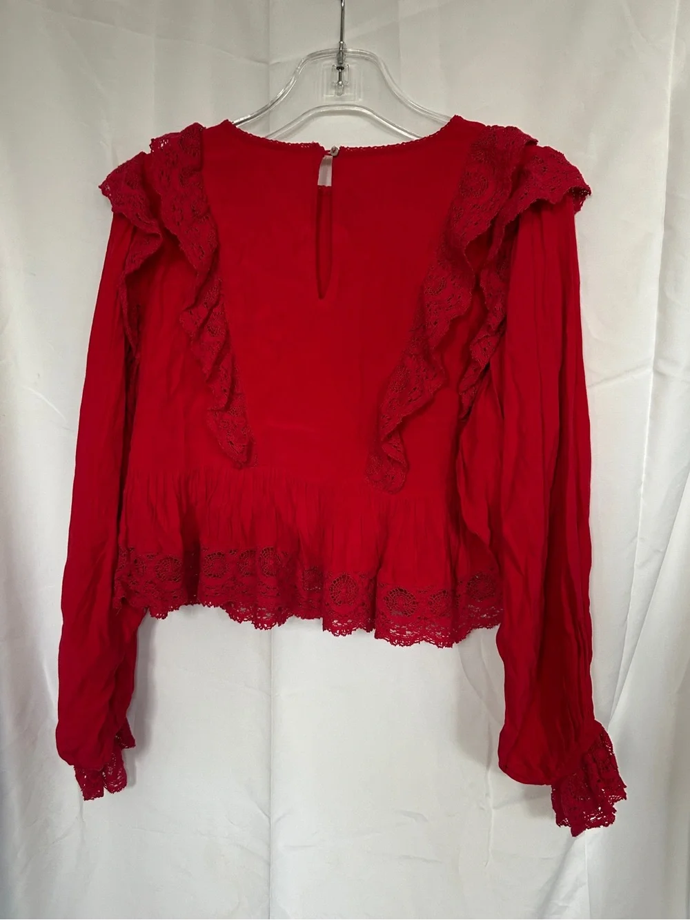 Free People Red Lace Trim Ruffle Blouse